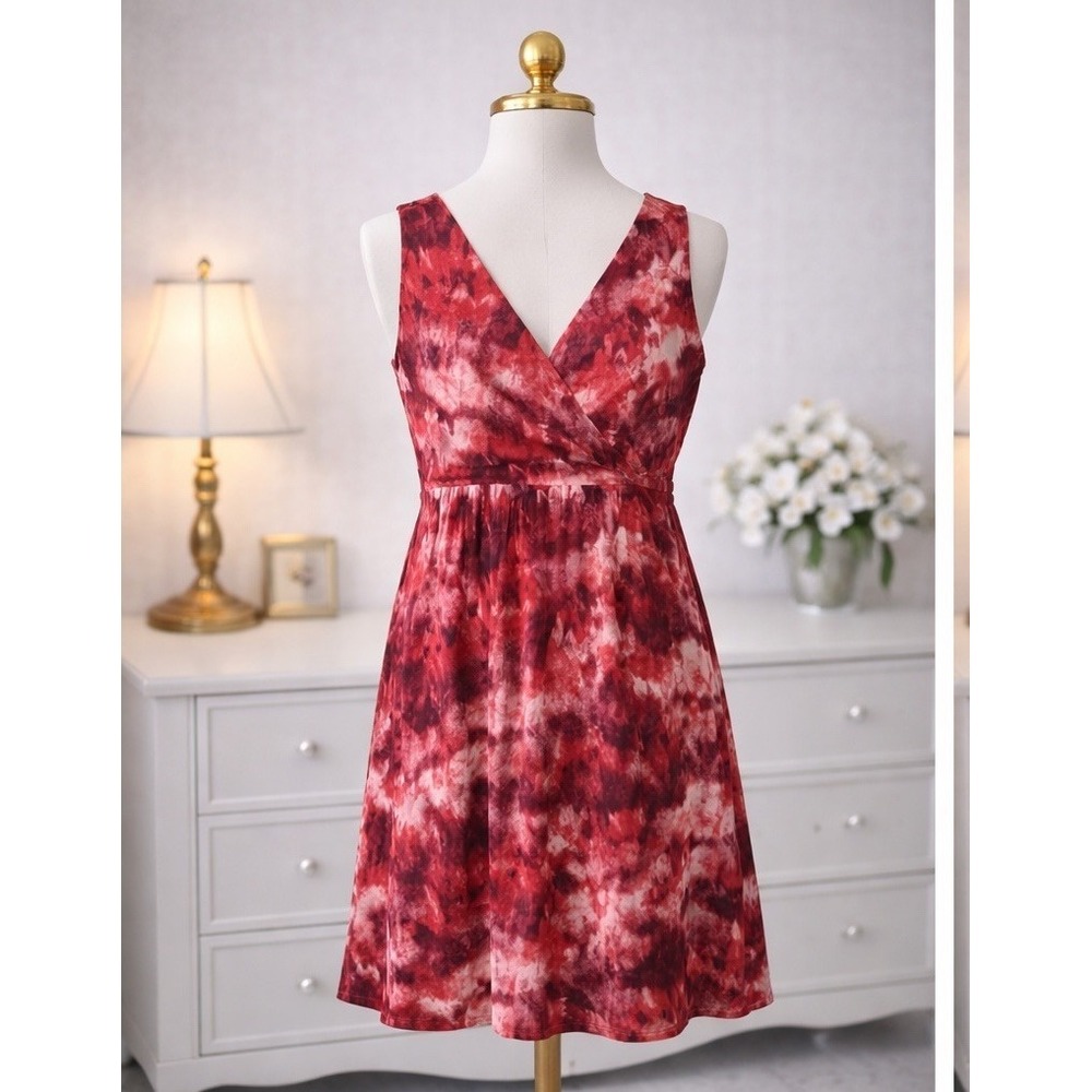 Eddie Bauer Travex Aster Surplice Dress Red Tie Dye Knee Length Size Large